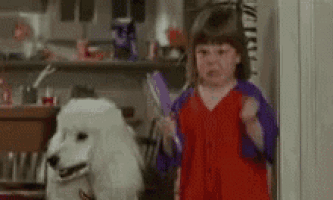a girl in a red dress is standing next to a white poodle .