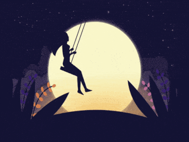 a girl is sitting on a swing in front of the full moon