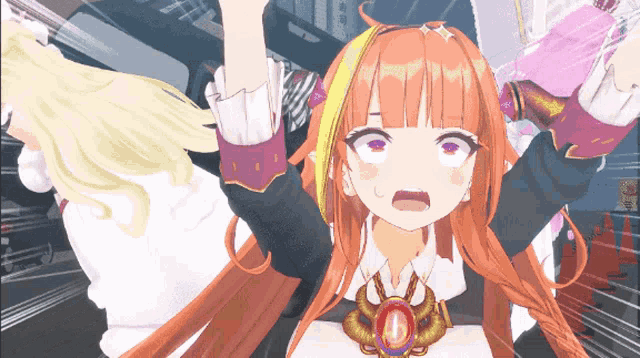 a girl with orange hair and purple eyes is holding up her arms