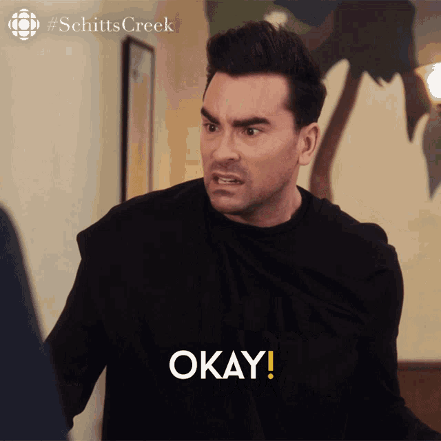 a man in a black shirt says okay in front of a schitts creek logo