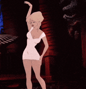 a cartoon woman in a short white dress is standing with her hands on her hips