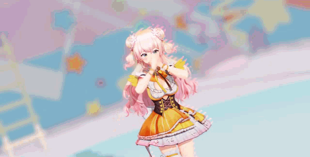 a girl with pink hair is dancing in front of a sign that says ' 5 '