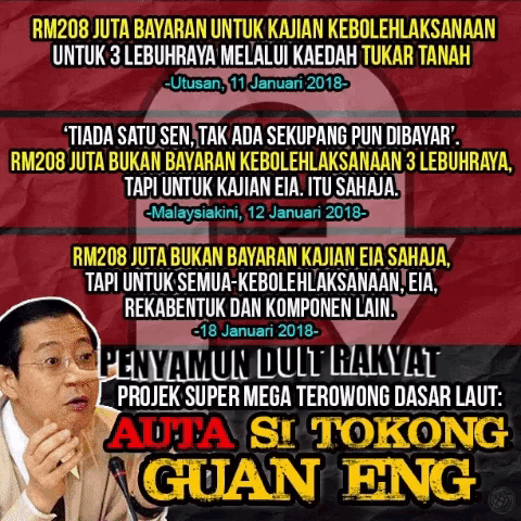 a man speaking into a microphone with the words " auta si tokong guan feng " on the bottom right