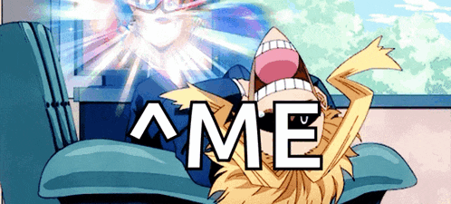 a cartoon character is laying on a chair with the word ame written on the bottom