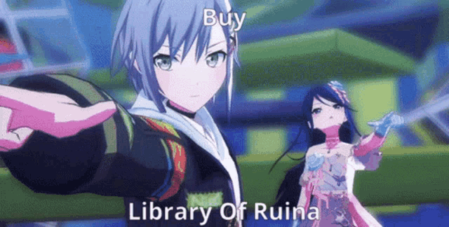 a couple of anime girls are standing next to each other with the words `` buy library of ruina '' on the bottom .