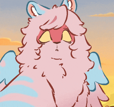 a drawing of a pink animal with blue wings and yellow eyes