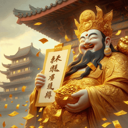 a statue of a man with chinese writing on a sign