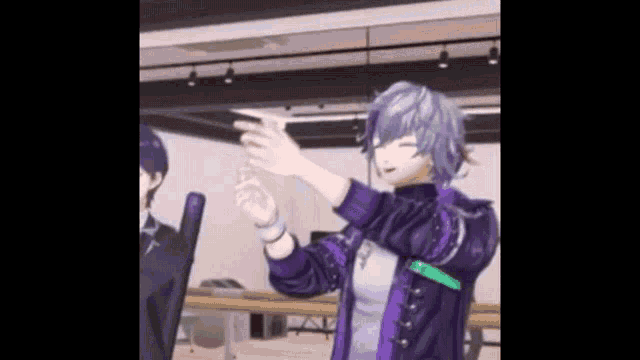 a cartoon character in a purple jacket is waving his hand