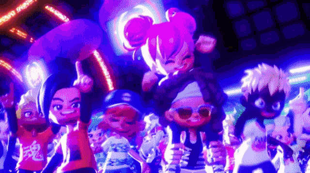 a group of cartoon characters are standing next to each other in a dark room with purple lights .