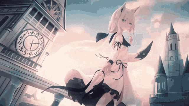 a girl in a white dress is standing in front of a clock tower with the hands on the numbers 1 and 2