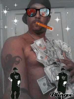 a man smoking a cigarette and holding a pile of money