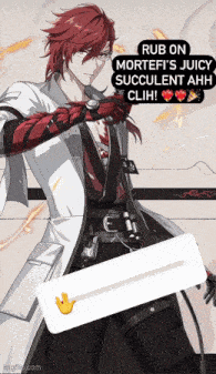 a picture of a man with red hair and a white coat says rub on mortefi 's juice succulent ahh clih