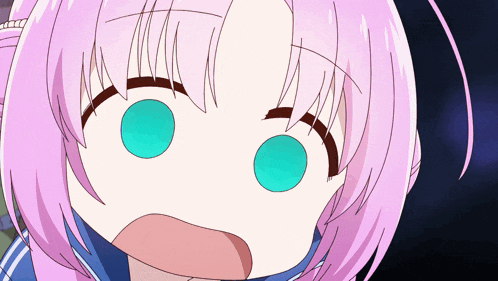 a close up of a girl with pink hair and green eyes