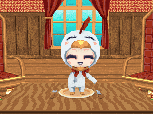 a little girl in a chicken costume stands on a table with a plate of food
