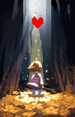a drawing of a girl standing in a dark forest with a heart coming out of the sky