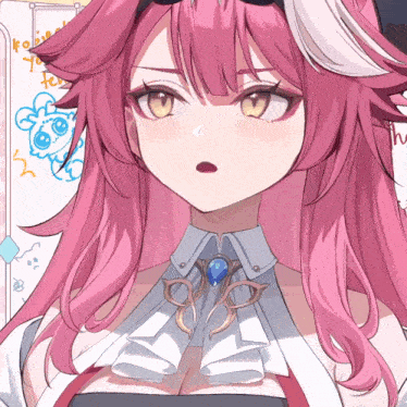 a close up of a girl with pink hair and a necklace