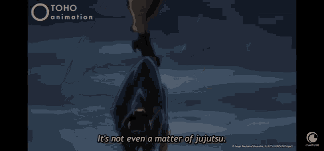 a screenshot from toho animation shows a person walking in the rain and says it 's not even a matter of jujutsu