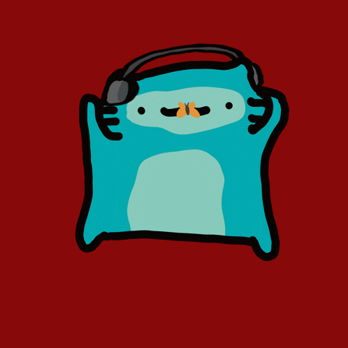 a drawing of a blue cat wearing headphones