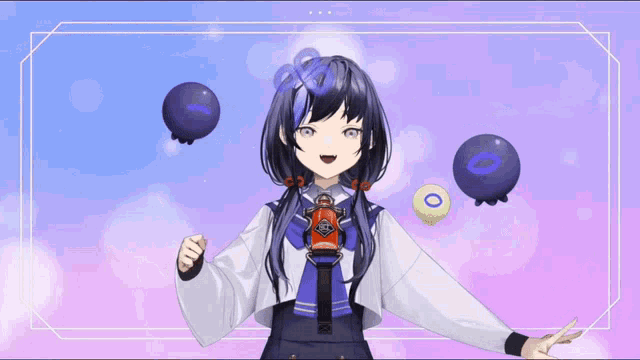 a girl in a school uniform is smiling with balloons floating around her