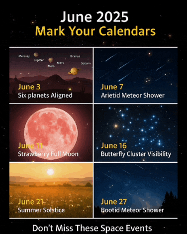 a poster for june 2025 shows a strawberry full moon a butterfly cluster visibility and a bootid meteor shower