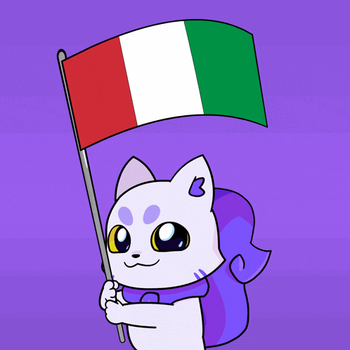 a cartoon cat holding a flag with the letter b on its head