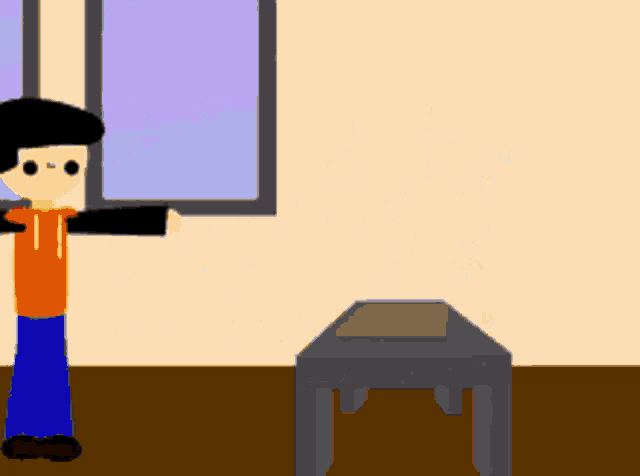 a cartoon of a boy standing next to a small table