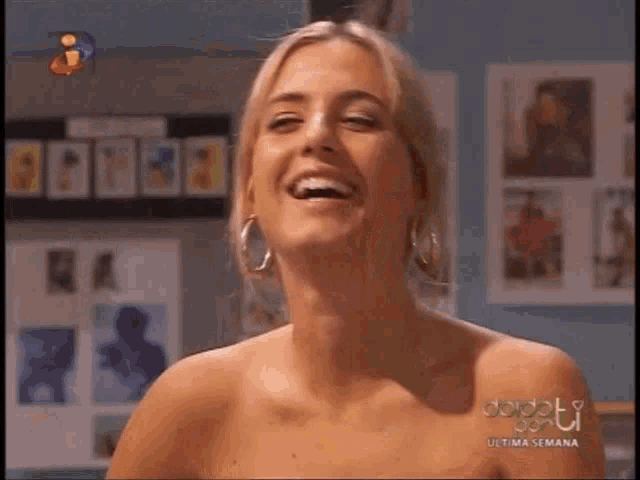 a woman is laughing in front of a wall with pictures and the words ultima semana on the bottom