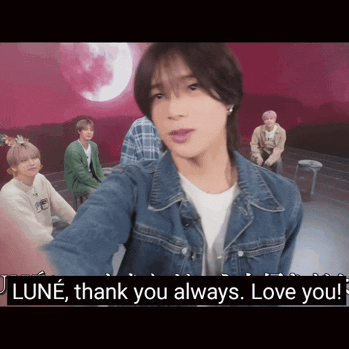 a man in a denim jacket is taking a selfie with the words " thank you always love you " below him