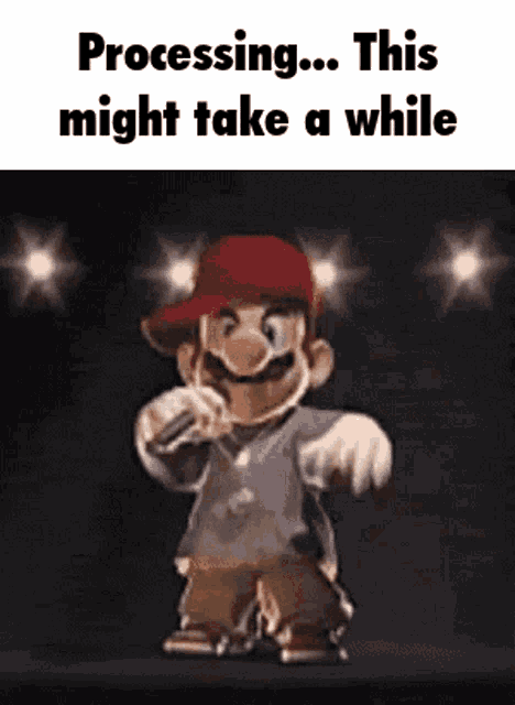 a cartoon character is standing in front of a microphone in a dark room .