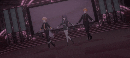 a group of anime characters are dancing on a stage