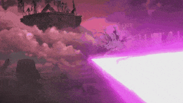 a purple light is coming from a building in the clouds