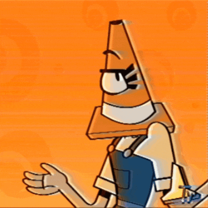 a cartoon character with a traffic cone on his head and overalls