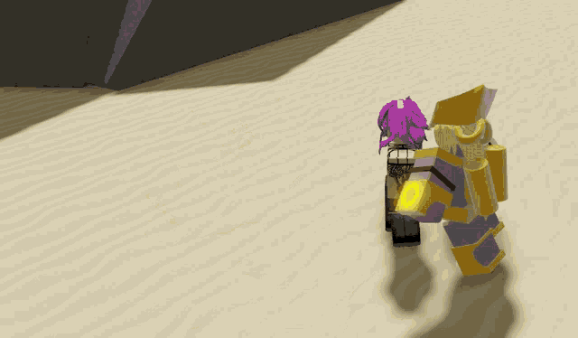 a cartoon character with purple hair is standing in a desert