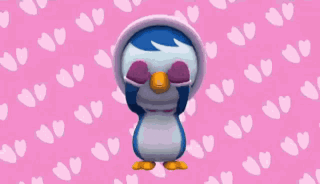 a cartoon penguin is dancing in front of a pink background with hearts