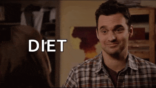 a man in a plaid shirt is talking to a woman and the word diet is written above him .