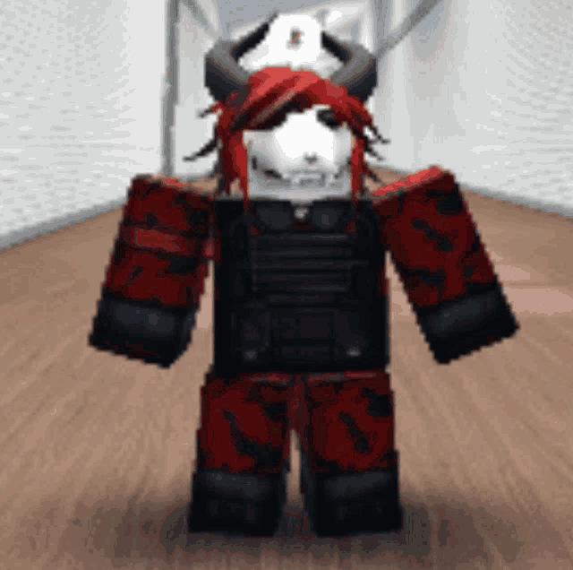a cartoon character with red hair and horns is in a hallway
