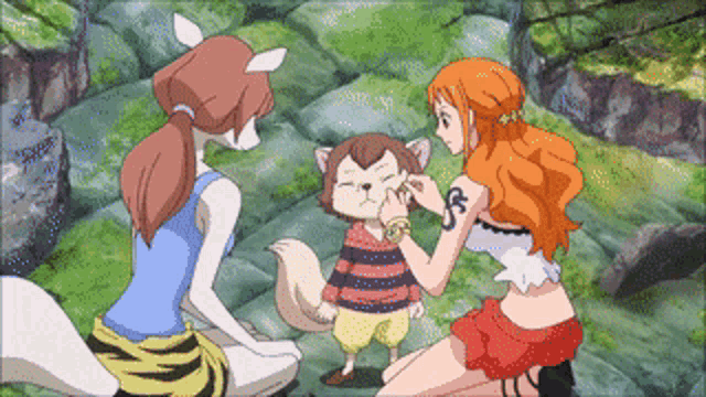 a group of anime characters including nami are looking at a small animal