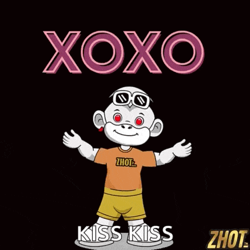 a cartoon character surrounded by red hearts with the words xoxo kiss kiss