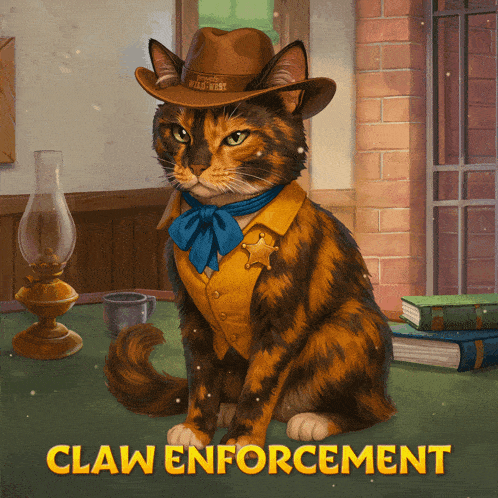 a cat wearing a sheriff 's hat and vest with the words claw enforcement written below it