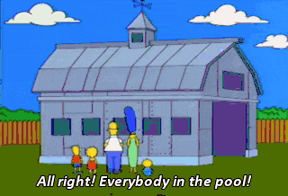 a cartoon of the simpsons standing in front of a barn saying all right everybody in the pool