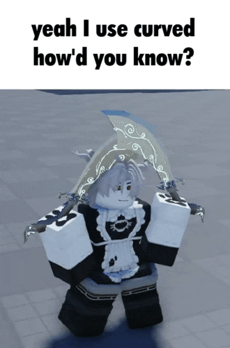 a cartoon character with a sword and the words yeah i use curved how d you know