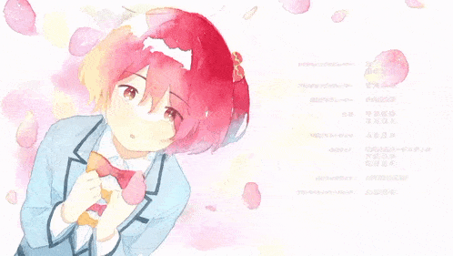 a girl with red hair and a bow tie is surrounded by pink petals and a list of contributors