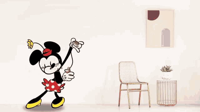 a cartoon of minnie mouse holding a perfume bottle with the words " ready to take on the " written above her