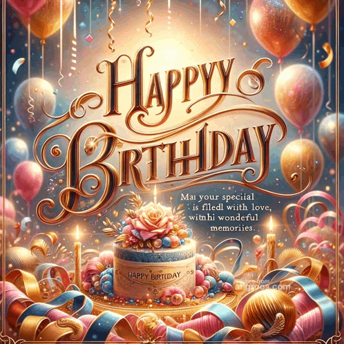 a birthday card with a cake and balloons and the words happy birthday