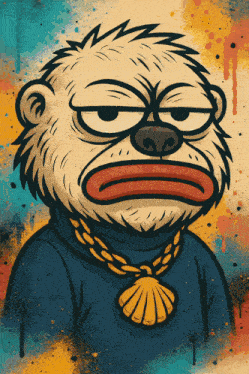 a cartoon of a monkey wearing a blue turtleneck and a gold chain around his neck