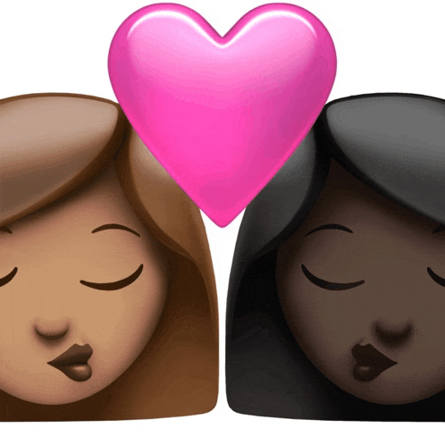 a pink heart is between two women 's faces