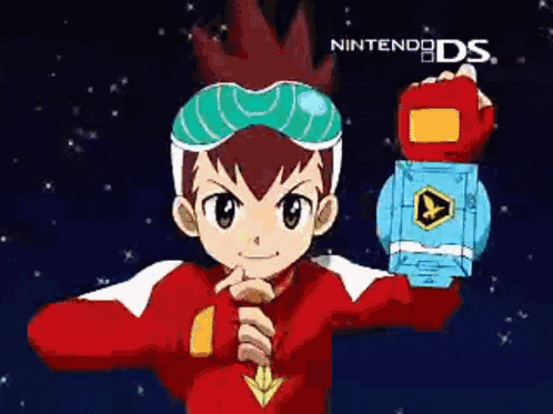 a boy in a red jacket is holding a nintendo ds game controller .