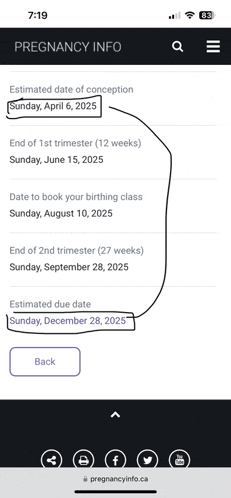 a phone screen shows the estimated date of conception for sunday april 6 2025
