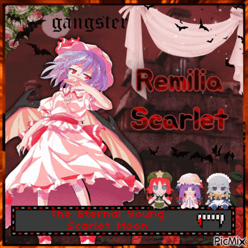 a picture of remilia scarlet with the eternal young scarlet moon written below her