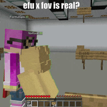 a screenshot of a minecraft game with the words " efu x fov is real "